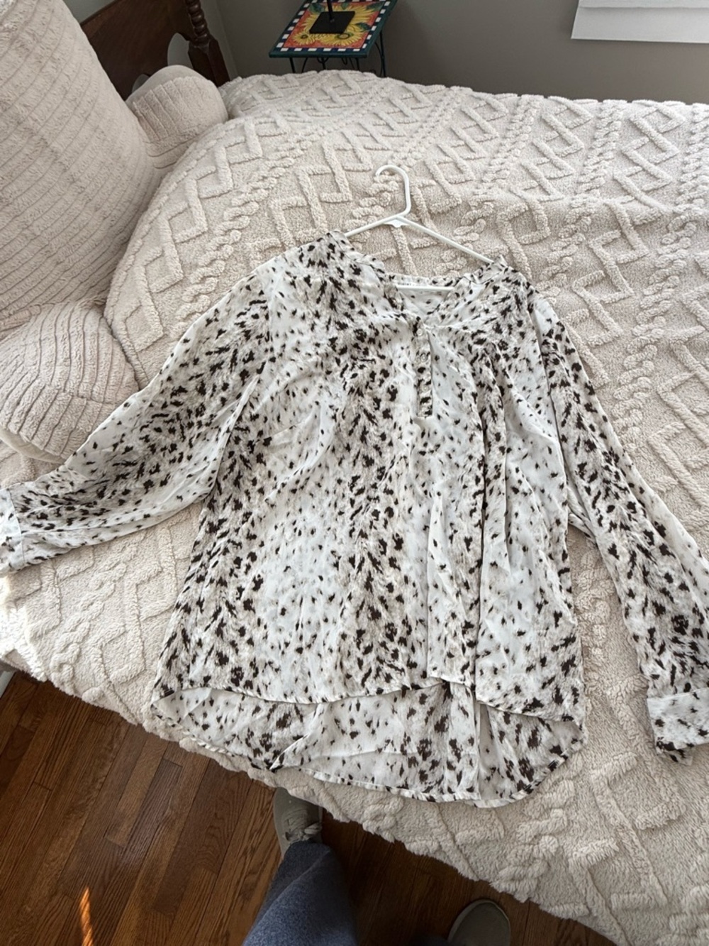 Violet & Claire Cream Sheer Henley Blouse with Black Speckle Print - Picture 3 of 5